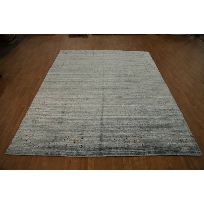 Hand Knotted Oriental Viscose Silk Carpet Tribal Animal Pictorial Greys & Charcoal Gabbeh Area Rug - 11' 9'' X 9' 10''