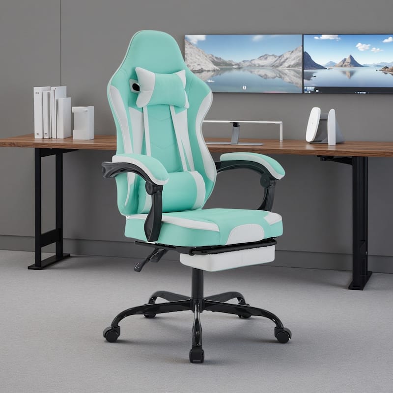 Leather Gaming Chair with Footrest, Massage Lumbar Support and 300lb Capacity - Green