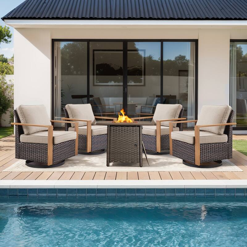 Meyreso 5-Piece Wicker Swivel Glider Fire Pit Set with Plush 4.5" Olefin Cushions
