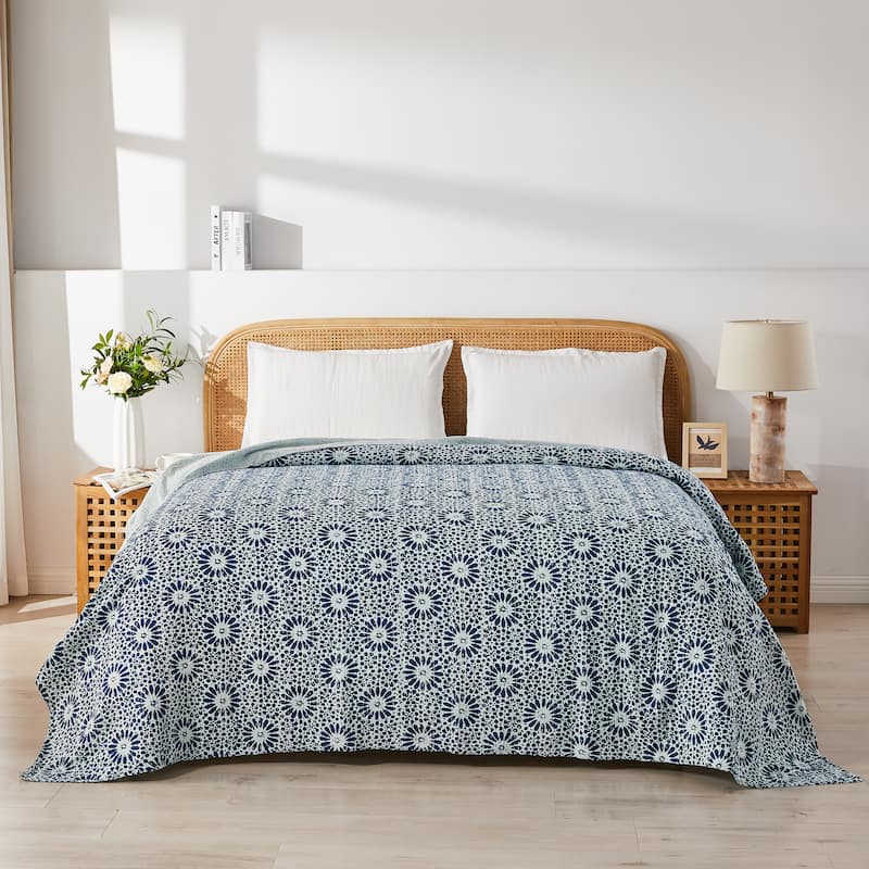 Melange Hand Stitched Kantha Block Print Coverlets and Shams - Flower Coverlet Only - Queen - 1 Piece