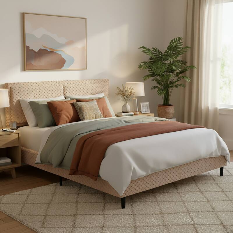 Christopher Knight Home - Thalassian Plush Upholstered Bed with Wooden Frame and Headboard - Camel - King
