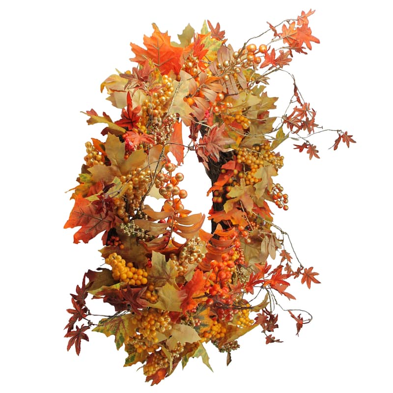 Fall Foliage Gold Berries Artificial Autumn Twig Wreath - 32", Unlit
