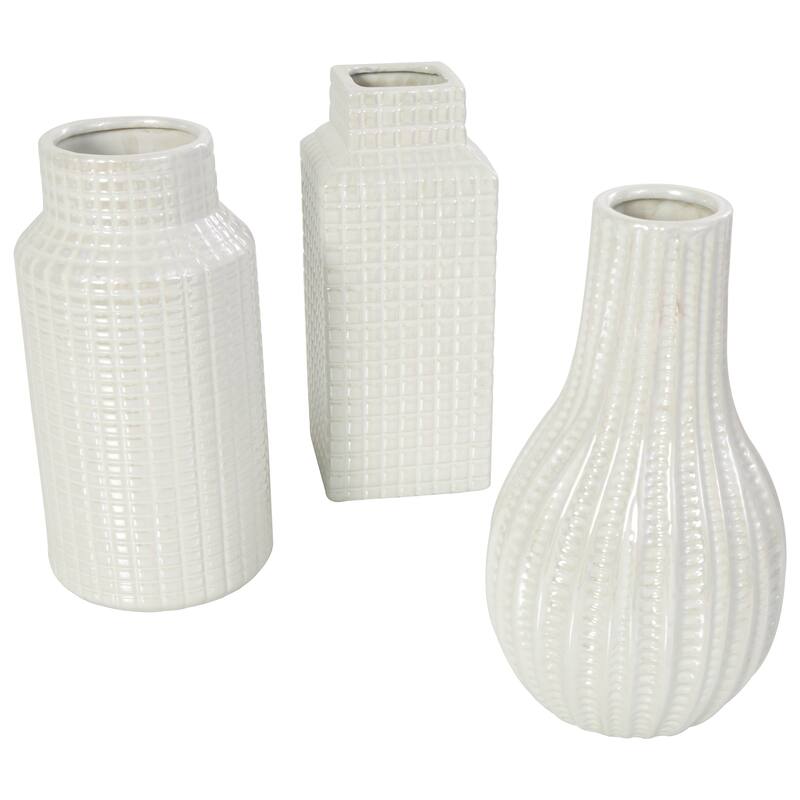 Gold, Cream or Silver Ceramic Dimensional Textured Geometric Vase with Varying Shapes and Grid Patterns (Set of 3)