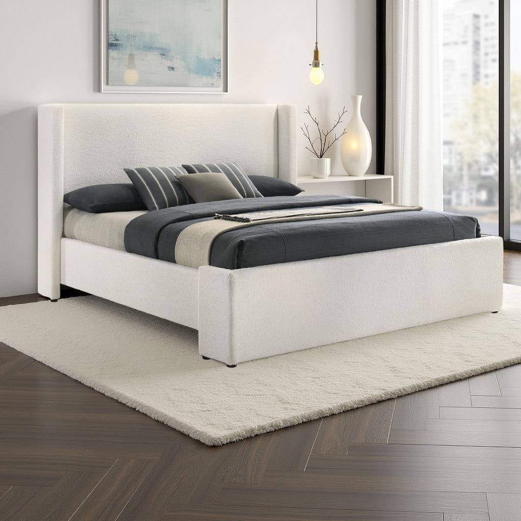Mosy King Platform Bed, White Boucle Upholstered Wingback Headboard