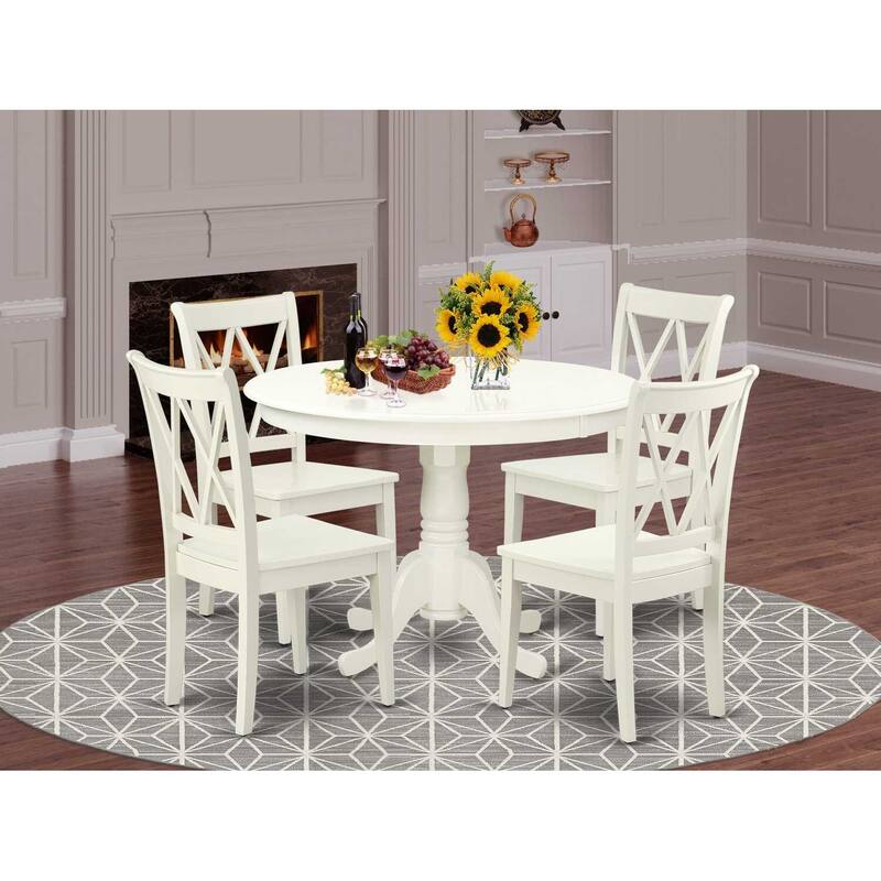HomeStock 5-Pc Round Linen White Finish Solid Wood Top Dining table with 4 Chairs with Cross Back