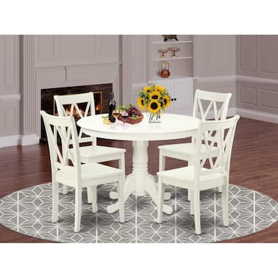 HomeStock 5-Pc Round Linen White Finish Solid Wood Top Dining table with 4 Chairs with Cross Back