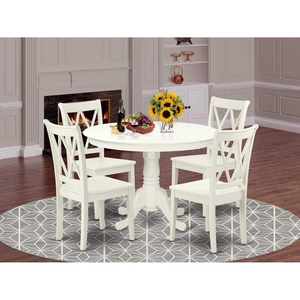 HomeStock 5-Pc Round Linen White Finish Solid Wood Top Dining table with 4 Chairs with Cross Back