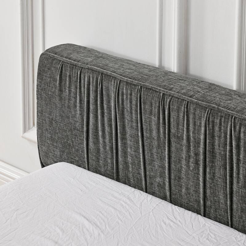 Roomfitters Queen Upholstered Chenille Fabric Platform Bed with Pleated Headboard, Solid Low Frame, No Box Spring Needed