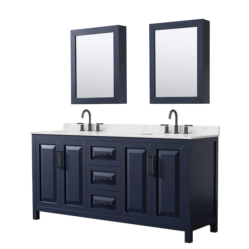 Daria 72-inch Double Vanity, 3 Hole Quartz Top, Med Cabinets - Dark Blue, Black Trim, Giotto Quartz Top