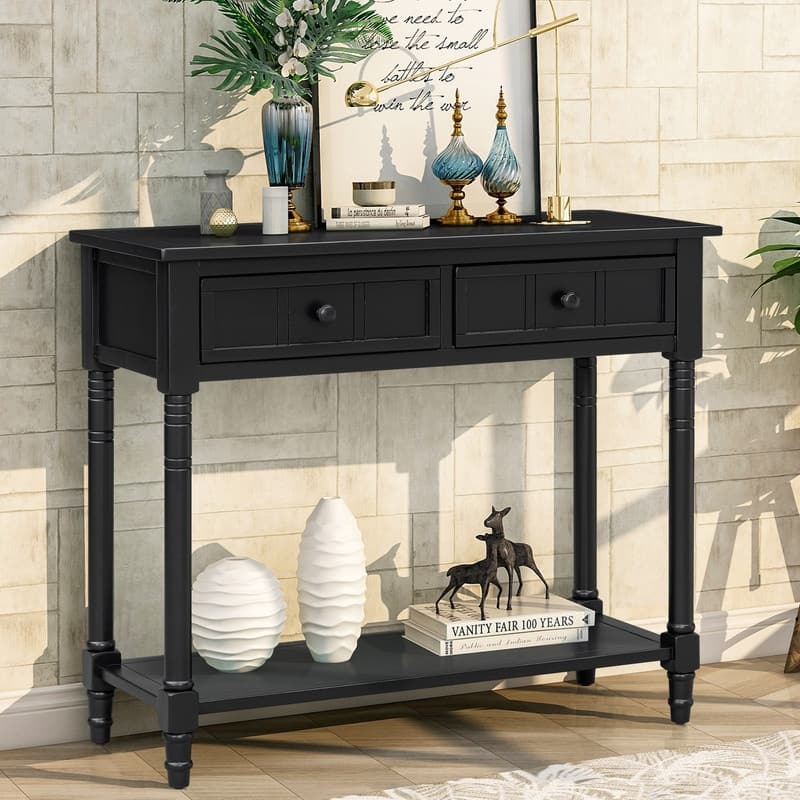 Narrow Console Table, Traditional Pine Wood Design with 2 Drawers and Bottom Shelf for Living Spaces