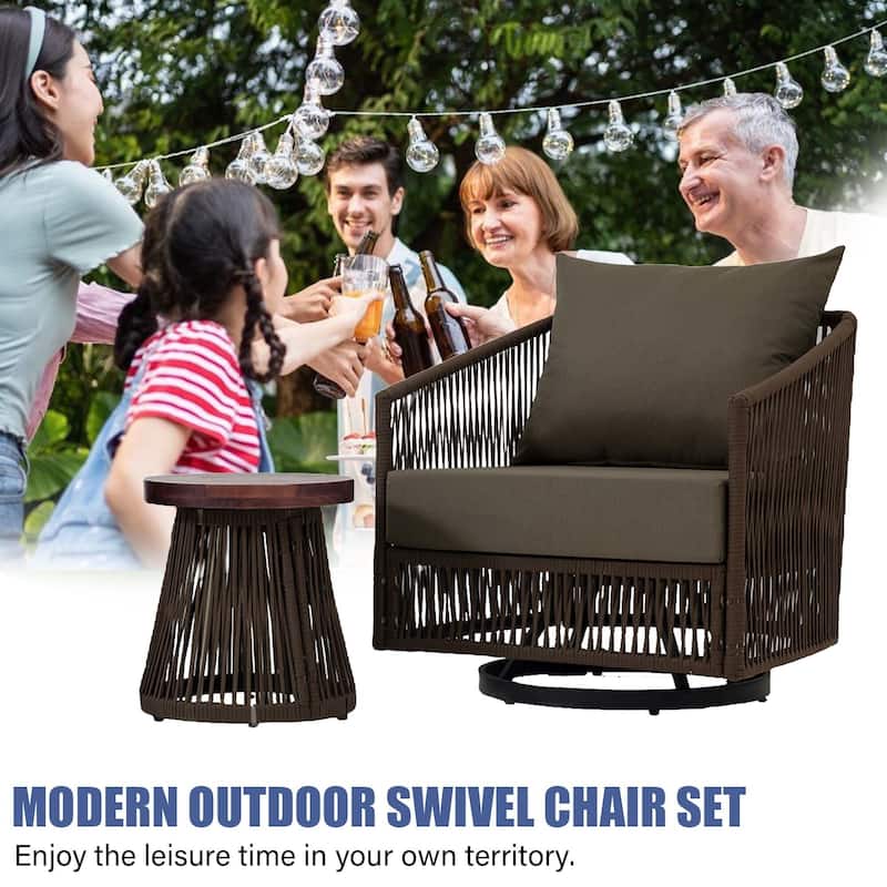 3 Piece Patio Woven Rope Swivel Chair Seating Group with Cushions