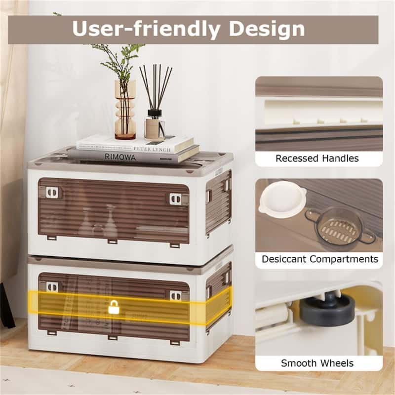 Cream White-Clear Brown Foldable Storage Bins 3-Pack with Wheels