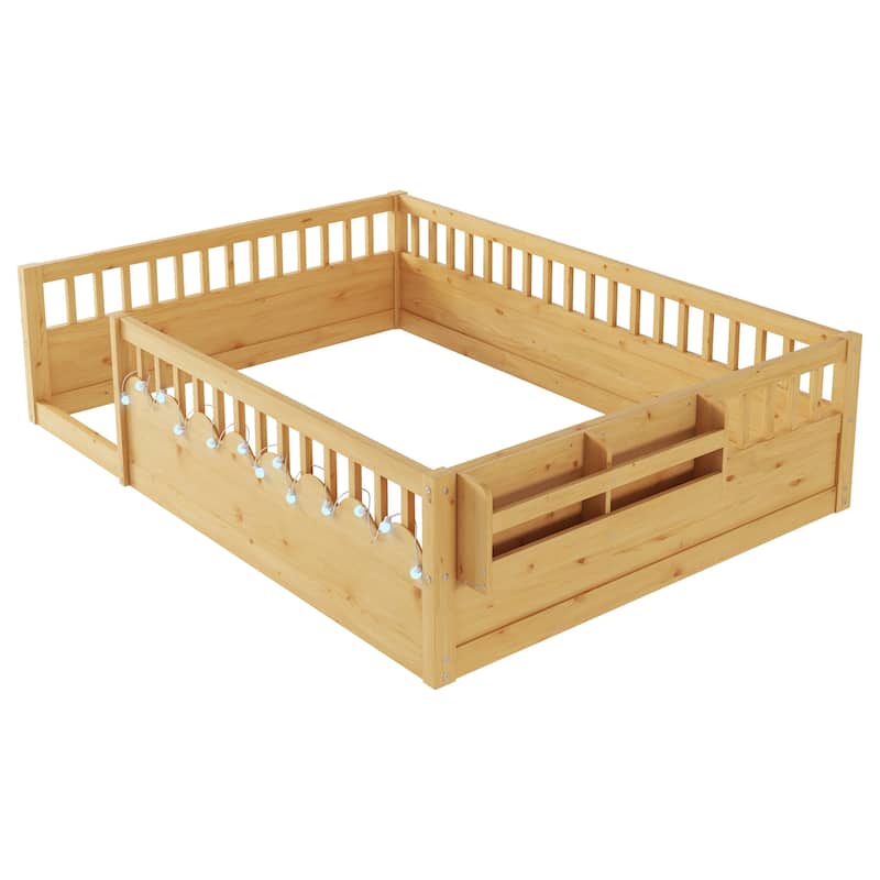 Full Size Floor Bed Safety Kids Bed with High Guardrails (19.6 inch), Concise Bed Frame for Boys Girls Kids Toddler, Natural