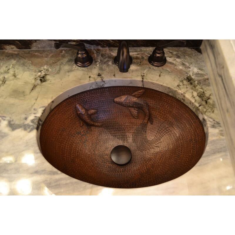 19-in Oval Under Counter Hammered Copper Bathroom Sink with Koi Fish Design (LO19FKOIDB)