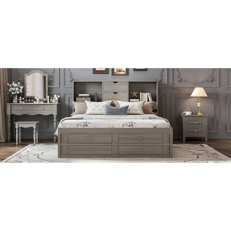 Roomfitters Queen/King Platform Bed with Storage Headboard and 8 Drawers, Solid Wood