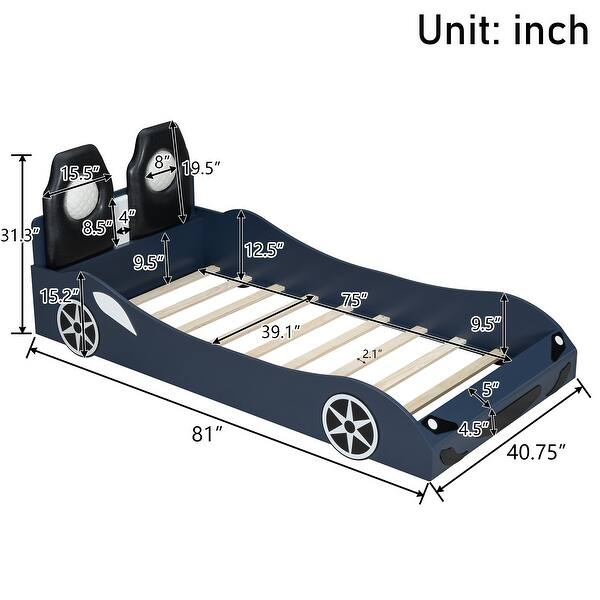 dimension image slide 1 of 2, Wood Twin Size Race Car Platform Kids Bed Frame with LED Lights, Upholstered Backrest and Safety Rails for Bedroom, Blue