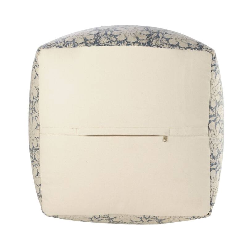 20" Navy Blue and White Floral Handmade Square Pouf Ottoman