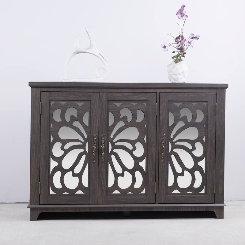 Anmytek 49" Brown Mirrored Door Sideboard Buffet Cabinet with Adjustable Shelves Spacious Storage for Living Room Kitchen