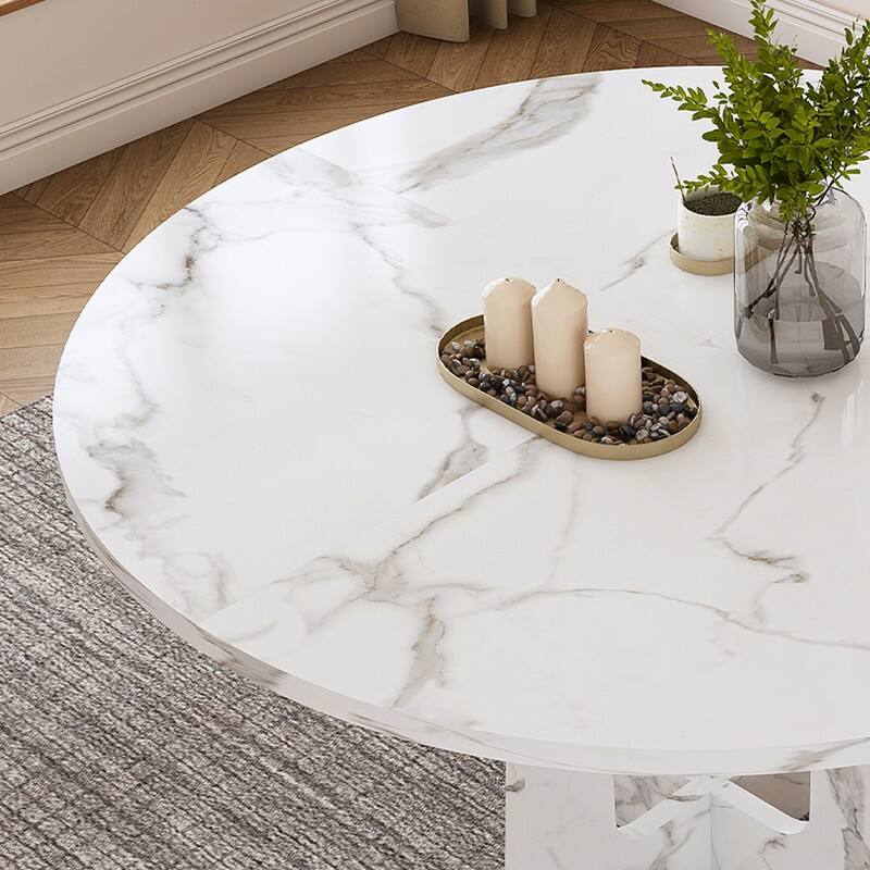 47.24" Round Marble White Finish Dining Table, Farmhouse Kitchen Table