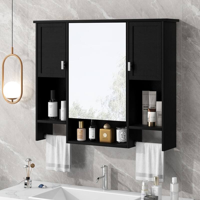 35'' x 28'' Modern Wall Mounted Bathroom Storage Cabinet with Mirror, 3 Doors, Adjustable Shelves, Towel Bar, Black