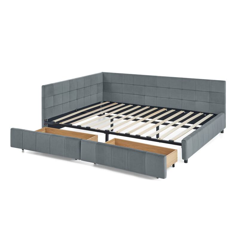 Queen Size Bed Upholstered Tufted Bed Frame Storage Sofa Bed Frame with L-shape Guardrail Velvet Platform Bed for Living Room