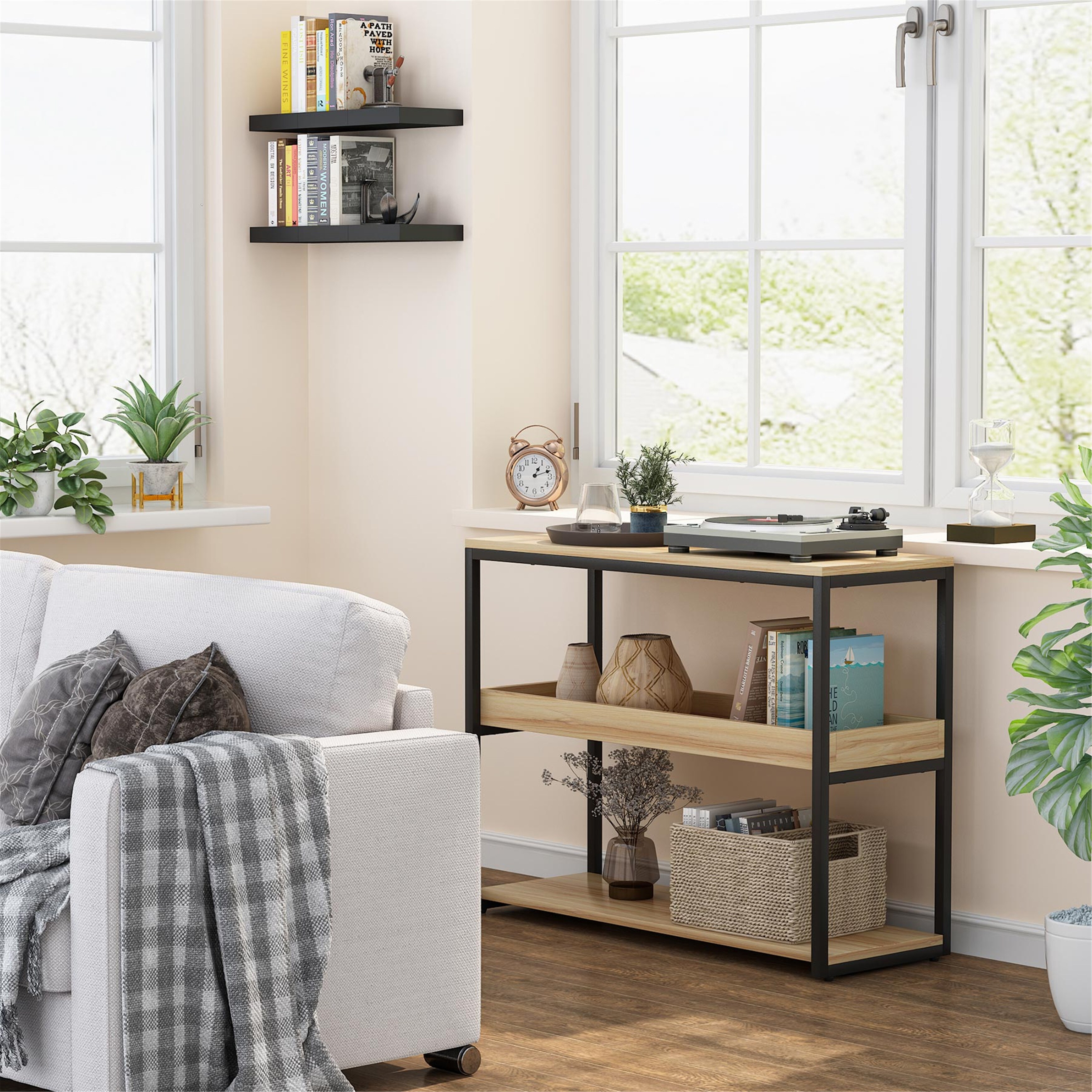 Industrial Foyer Table for Living Room Steel Frame Entry Way Brown BTM Console Table,3-Tier Console Sofa Table Industrial Foyer Table for Living Room Steel Frame Entry Way Brown BTM Console Table,3-Tier Console Sofa Table