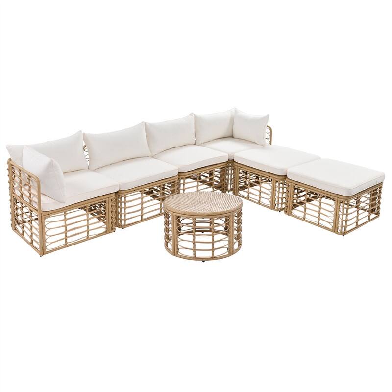 7 Pieces Outdoor Patio Furniture Set with Coffee Table, All-Weather Rattan Sectional Sofa Set with Thick Cushions and Pillows