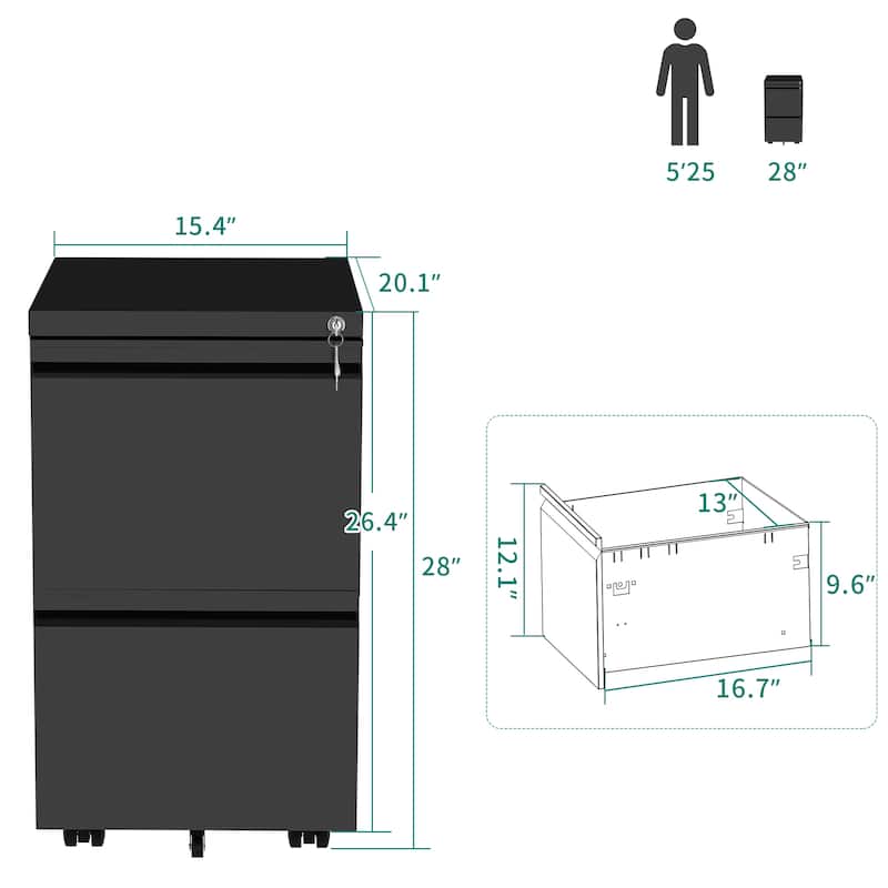 Modern 2/3-Drawer Locking Rolling Wheeled Steel File Cabinet