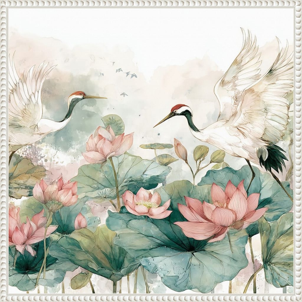 Crane and Lotus Dance by Tradelink inhouse artist Framed Canvas Wall Art Print