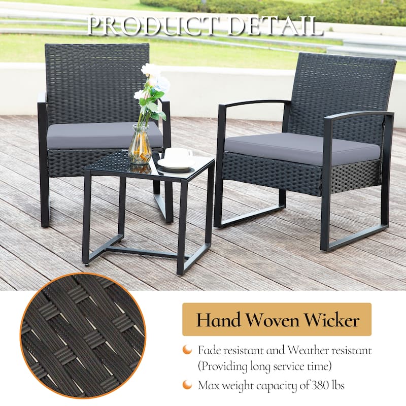 3-Pieces Wicker Patio Conversation Set Outdoor Chairs with Cushions