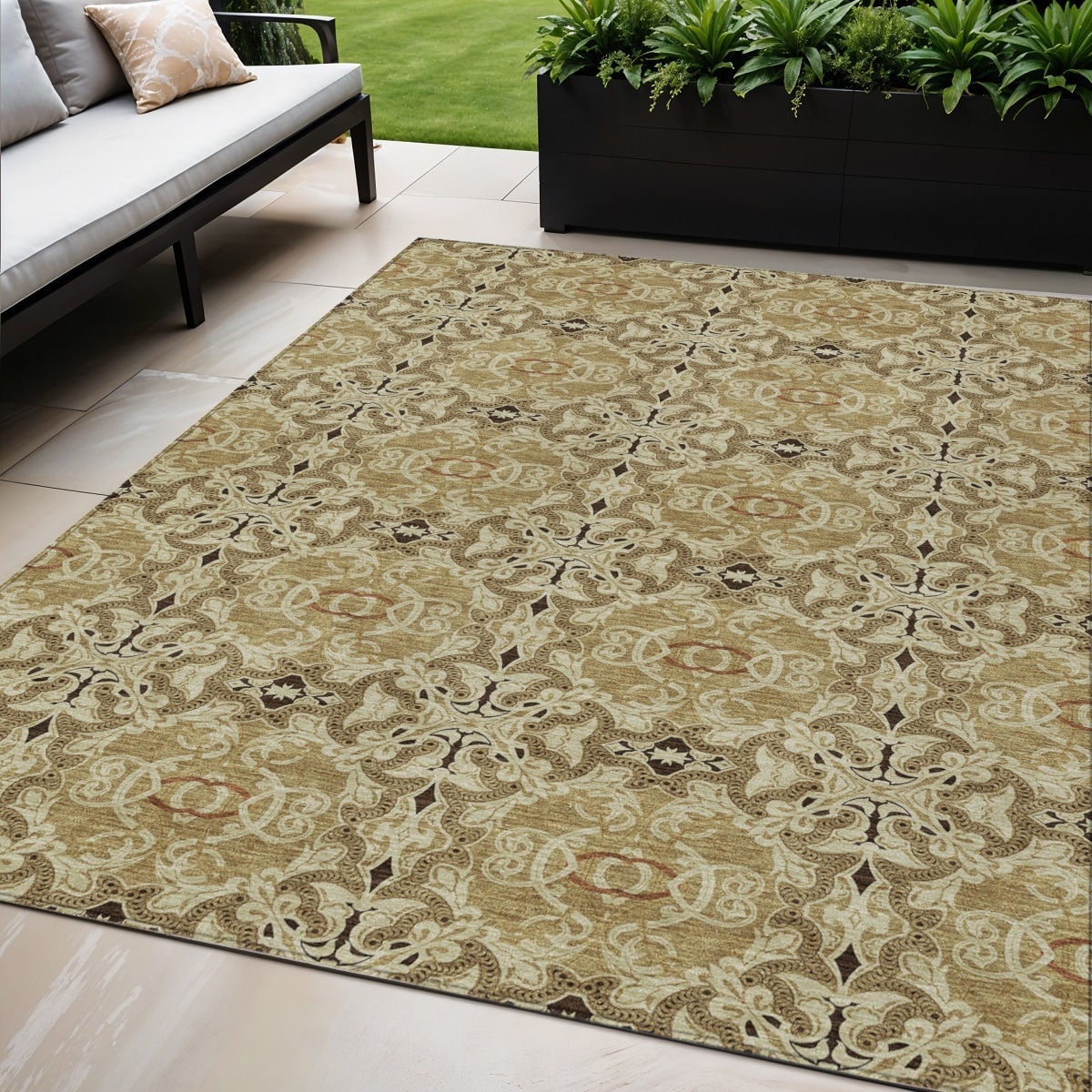 5' X 8' Brown Beige And Tan Medallion Washable Indoor Outdoor Area Rug - 5' Octagon
