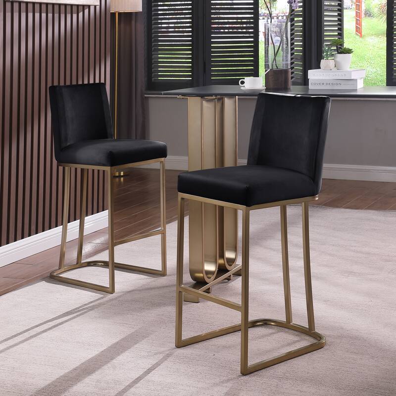 Modern 26" Set of 2 Bar Stools with Velvet Backrest Cushioned Seat and Metal Frame for Bar Counter Dining Room or Living Room - Black