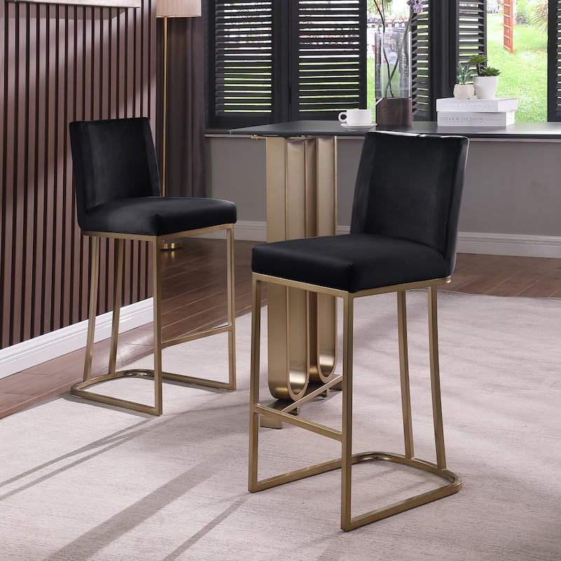 Ostweer Furniture Set of 2 Modern Velvet Fabric Kitchen Stools for Counter Pub - Creamy White - Black