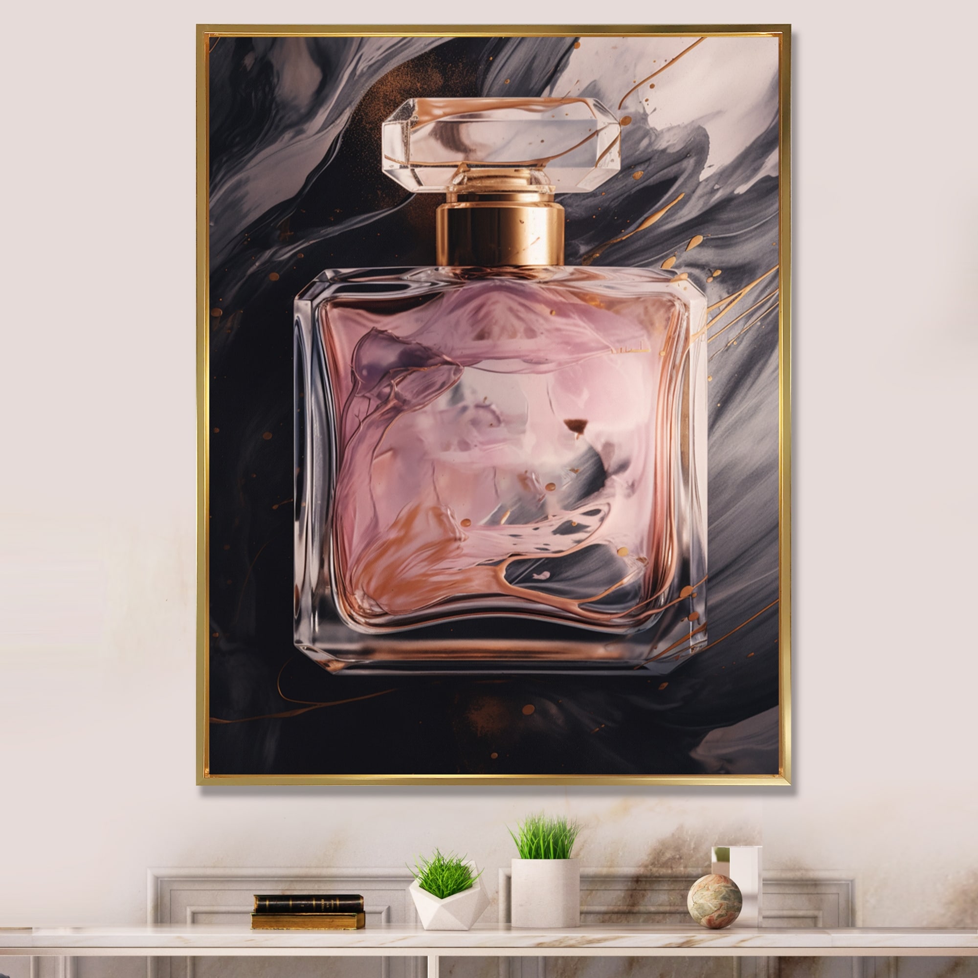 Pomaikai Barron Canvas Art Prints - Couture Rose Gold Perfume Bottle with Roses ( Fashion > Fashion Brands > Versace art) - 37x37 in