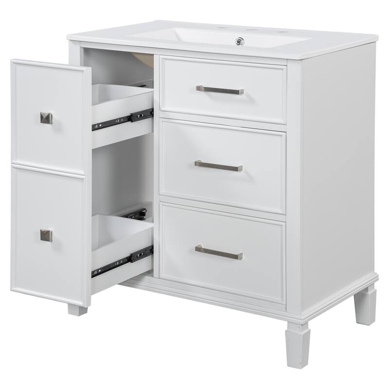 Roomfitters 30" Bathroom Vanity with Ceramic Sink Flip-Out Drawer for Plumbing Solid Wood Legs and MDF Cabinet