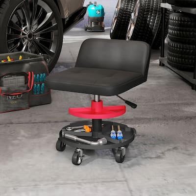 HOMCOM Rolling Mechanic Stool, 300 LBS. Capacity Pneumatic Creeper Garage Stool with 360° Wheels, Tool Tray, Black