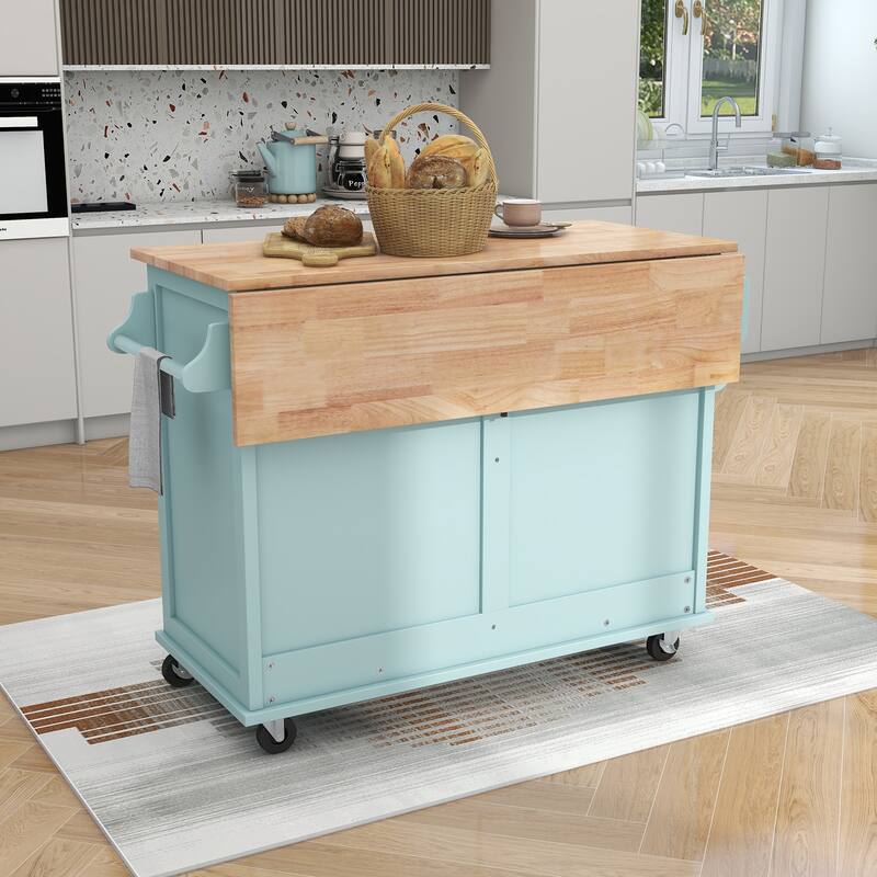 Kitchen Cart,Kitchen Island with Wood Drop-Leaf Countertop,Sliding Barn Door Adjustable Height, Wheels,Cabinet and 2 Drawers