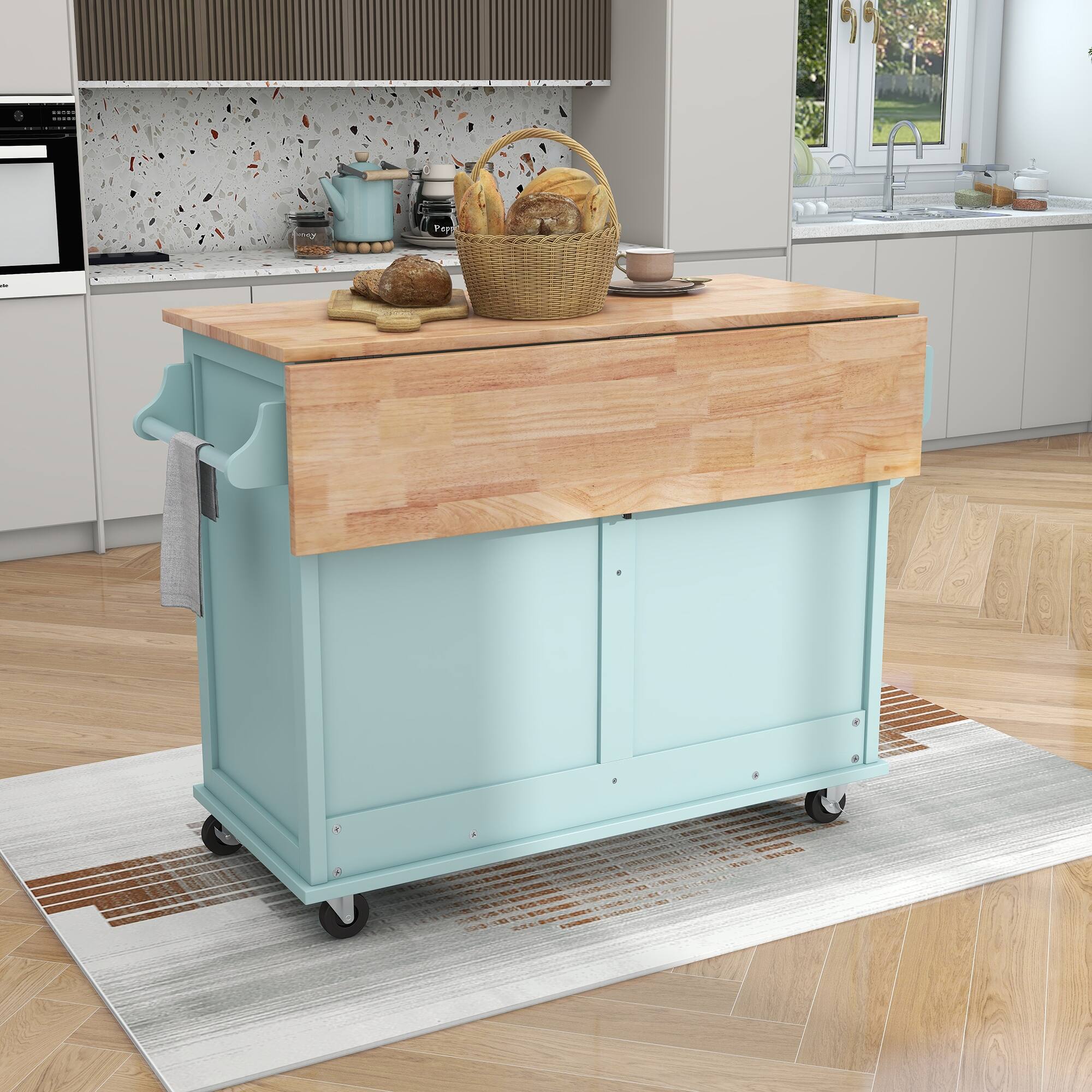 Kitchen Island Cart w/ Folding DropLeaf Countertop, Sliding Barn Door