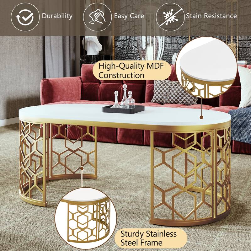 47.2" Modern Coffee Table with Cut-Out Pattern Metal Stainless Steel Frame