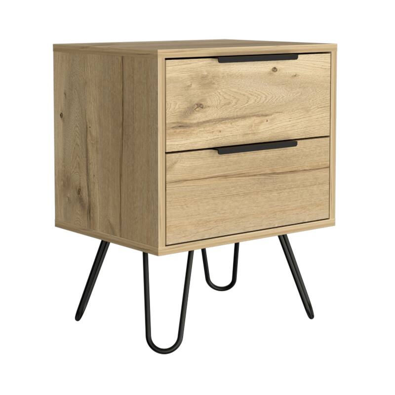 Light Oak 2-Drawer Nightstand, Side Table with Hairpin Legs