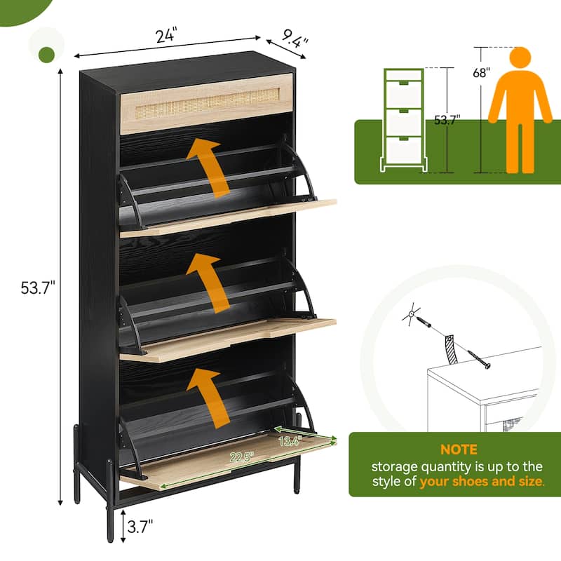 Rattan Shoe Cabinet with 3 Flip Door 1 Drawer Wooden Free Standing Shoe Racks, Shoe Storage Organizer Shoe Rack - 24x9.4x53.7in