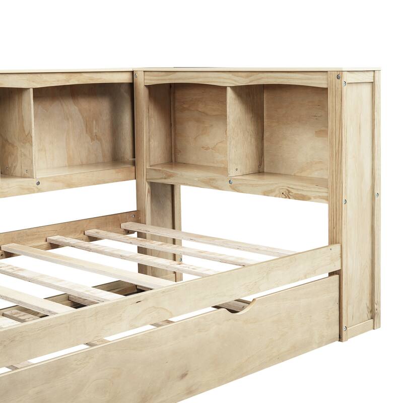 Twin Size Daybed with Trundle, Storage Cabinets, USB Ports, Wood Color