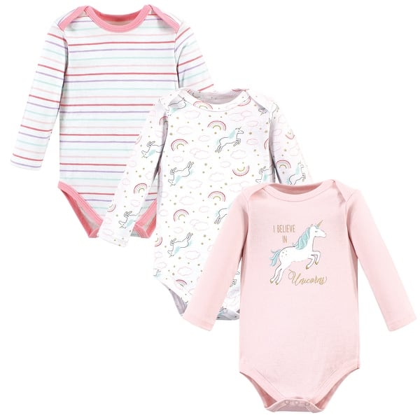 slide 1 of 1, Hudson Baby Infant Girl Cotton Long-Sleeve Bodysuits, Glitter Unicorn 0-3 Months - Glitter Unicorn 3-Pack