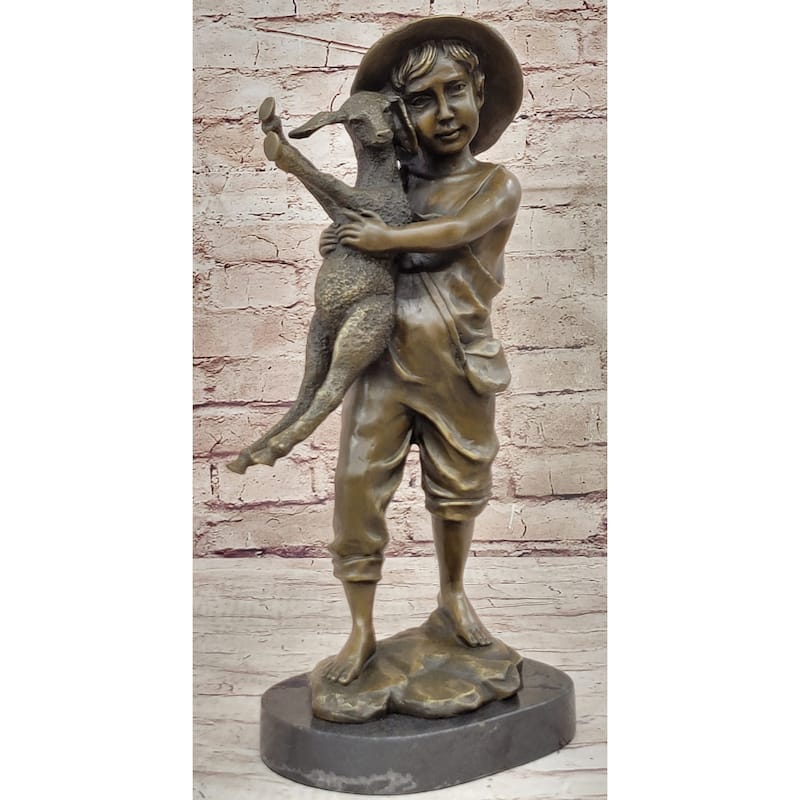 Real Bronze Metal Statue On Marble Base Young Farm Boy His Sheep Sculpture