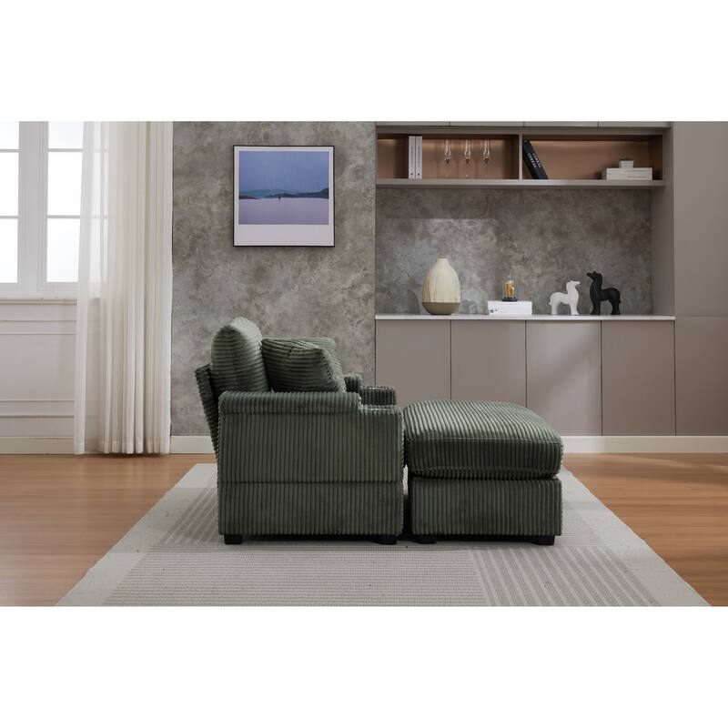 Corduroy Upholstered Chaise Lounge with Movable Ottoman, Living Room Storage Sofa Chair with Cup Holder, Detachable Cushions