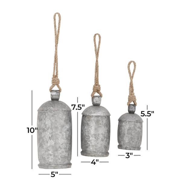 dimension image slide 3 of 7, Gold, Gray, Bronze, Black or Red Metal Tibetan Inspired Decorative Cow Bells with Jute Hanging Rope (Set of 3)