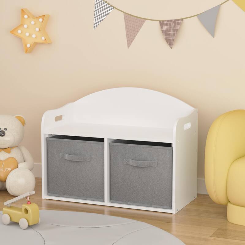 Anmytek White Storage Bench with Fabric Bins Kids Toy Organizer Entryway Seating