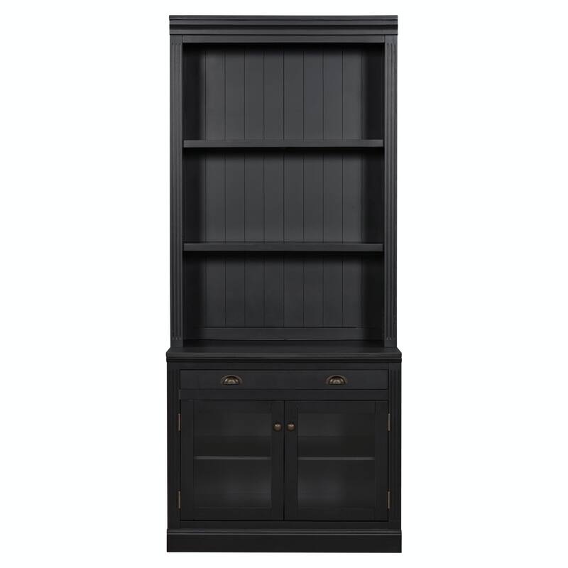 83.4" Tall Bookshelf, Modern Bookcase with 2 Glass Doors, 1 Drawer & Open Shelves