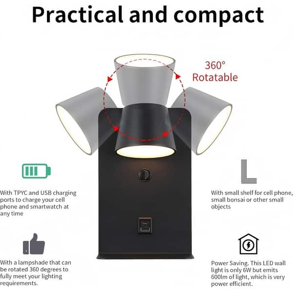 Modern 6W LED Rotatable Wall Sconce – Tri-Color Dimming, Aluminum Finish, Adjustable Indoor Light For Bedroom, Living Room, Study