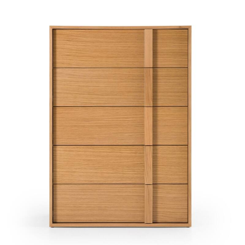 Lina Tall Dresser Chest, 5 Drawers, Natural Brown Oak Veneer